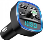 Bluetooth FM Transmitter for Car, Blue Ambient Ring Light Wireless Radio Car Receiver Adapter Kit with Hands-Free Calling, Dual USB Charger 5V/2.4A and 1A, Support SD Card, USB Disk (Black)